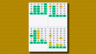 Quordle Daily Sequence answers for game 1126 on a yellow background