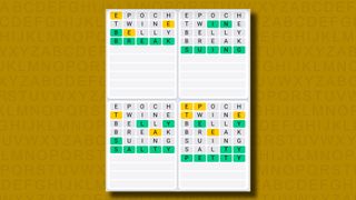 Quordle Daily Sequence answers for game 1130 on a yellow background