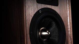 Brown walnut loudspeaker with black detailing