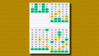 Quordle Daily Sequence answers for game 1134 on a yellow background