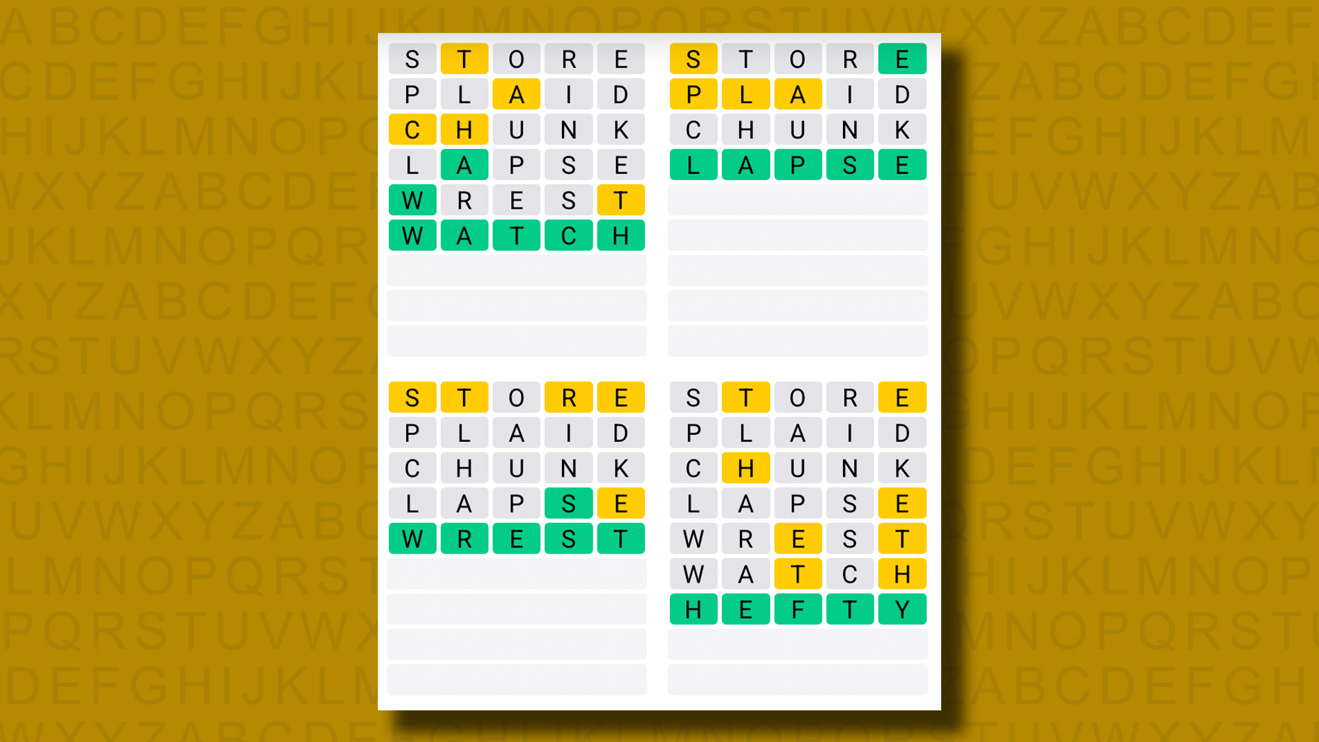 Quordle answers for game 1139 on a yellow background