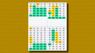 Quordle Daily Sequence answers for game 1150 on a yellow background