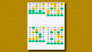 Quordle Daily Sequence answers for game 1136 on a yellow background