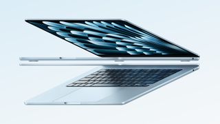 Two MacBook Air M4 laptops on a light blue background