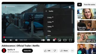 A screen shot of YouTube's video quality settings on its web version