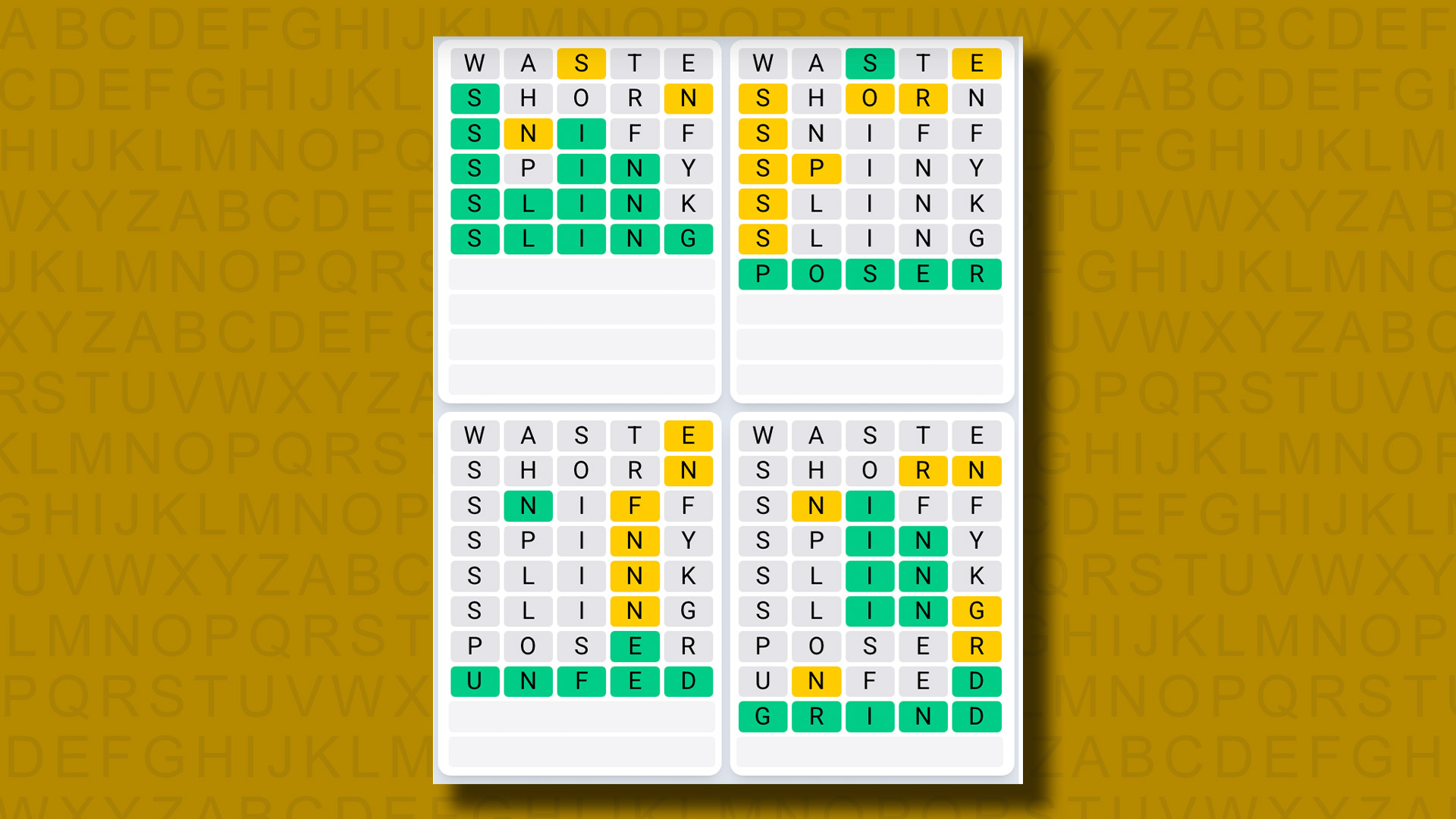 Quordle Daily Sequence answers for game 1180 on a yellow background