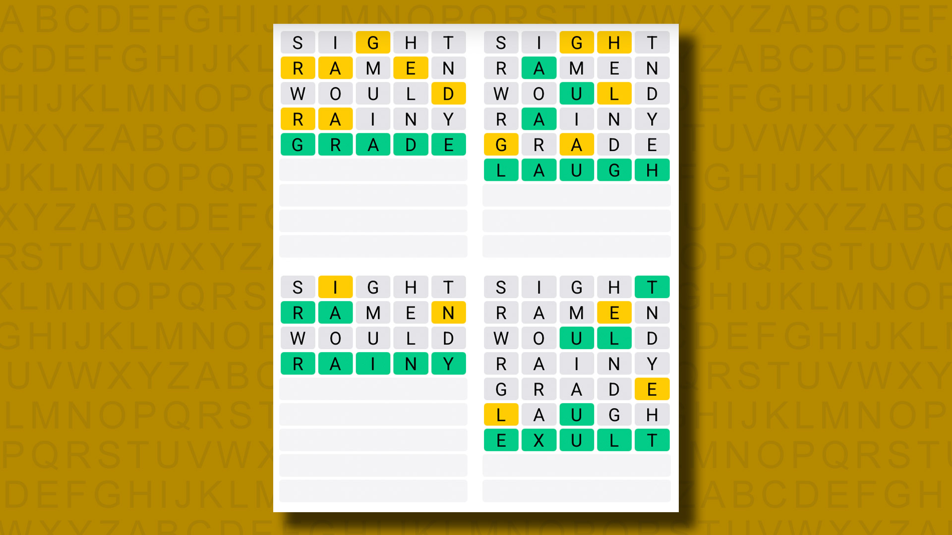 Quordle answers for game 1181 on a yellow background