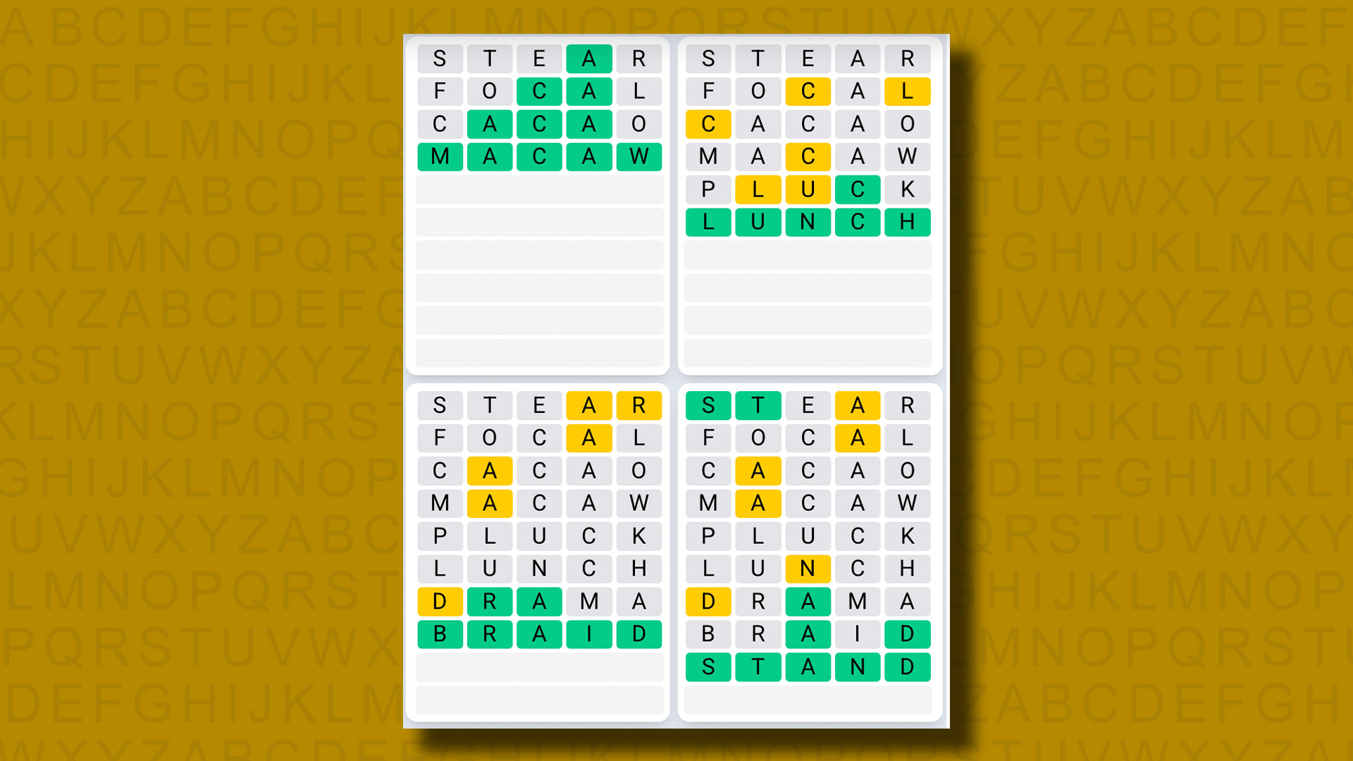 Quordle Daily Sequence answers for game 1188 on a yellow background