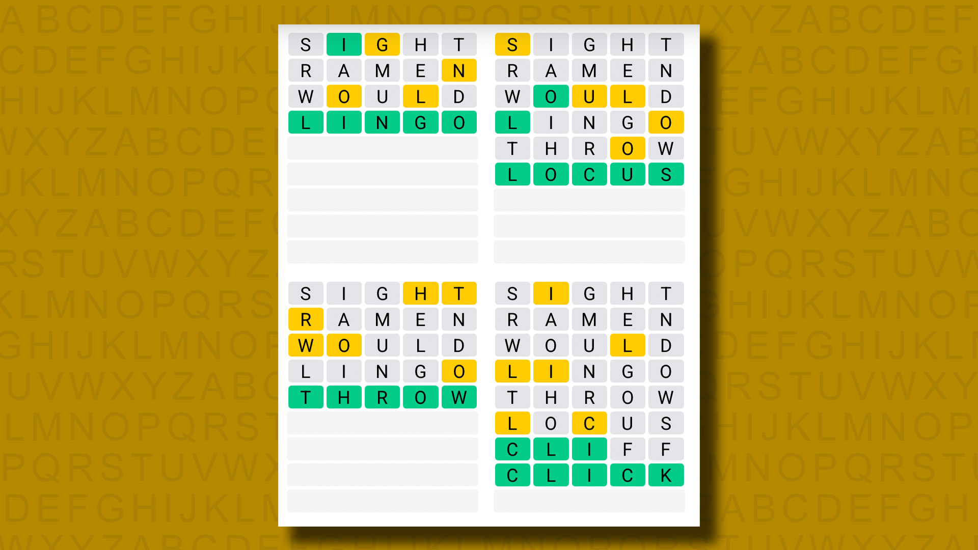 Quordle answers for game 1188 on a yellow background