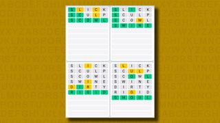 Quordle Daily Sequence answers for game 1168 on a yellow background
