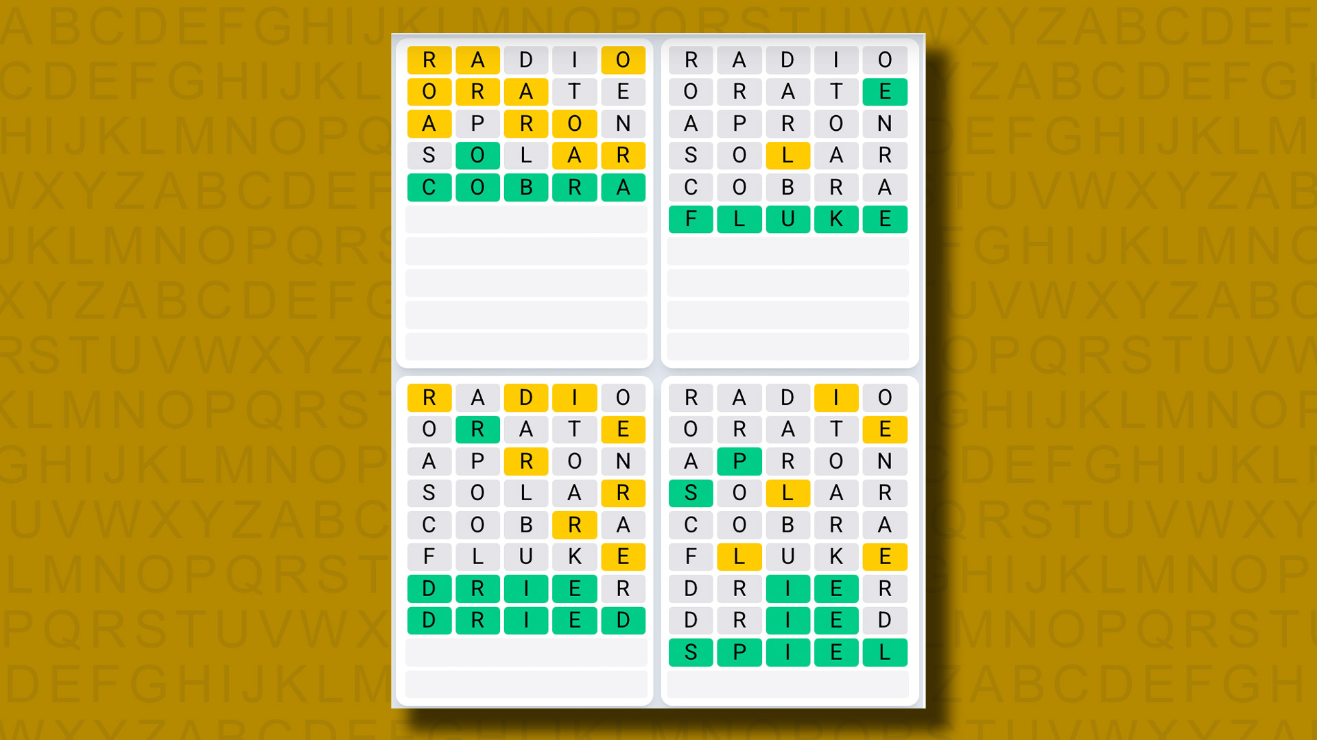 Quordle Daily Sequence answers for game 1179 on a yellow background