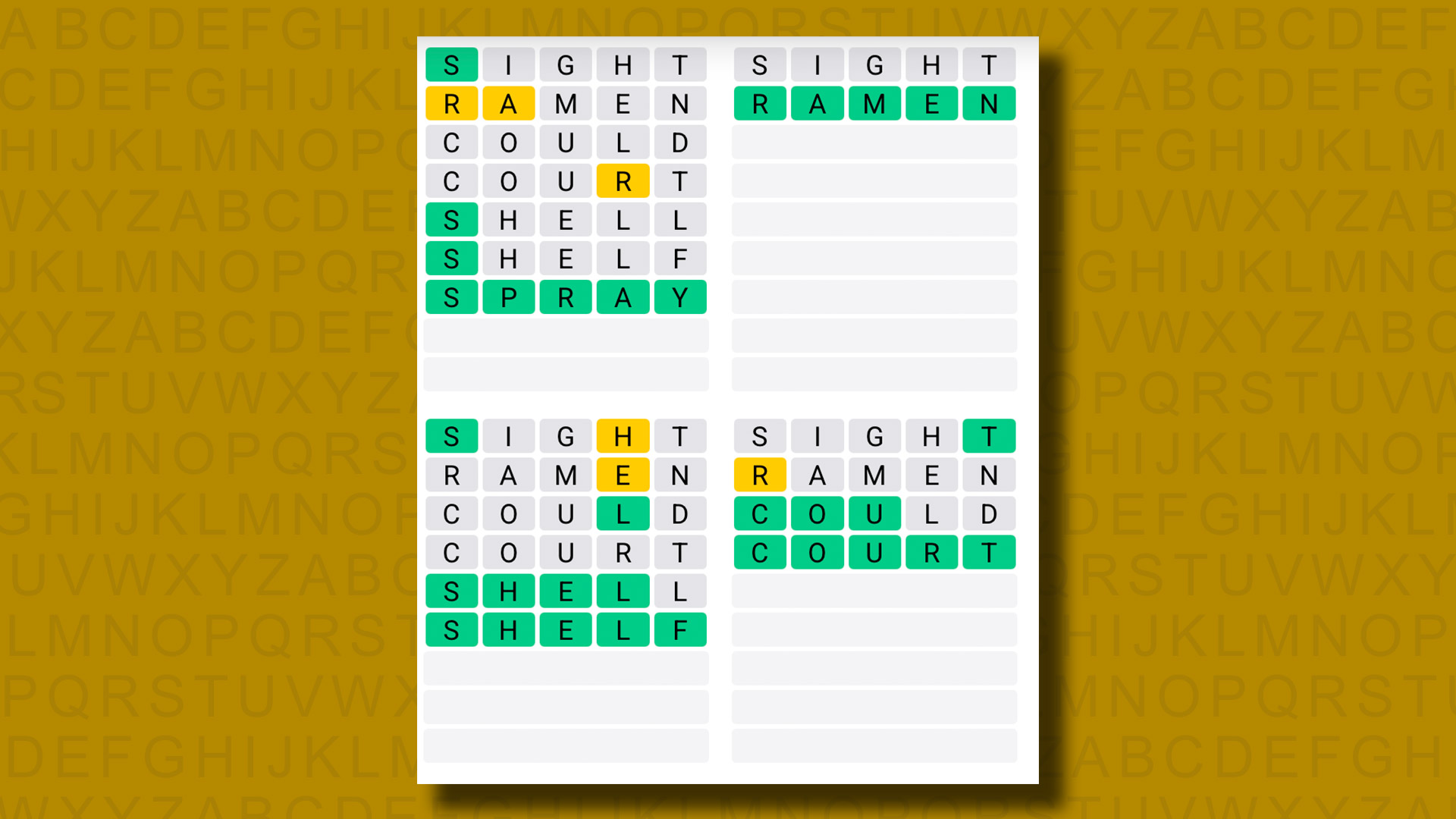 Quordle answers for game 1179 on a yellow background
