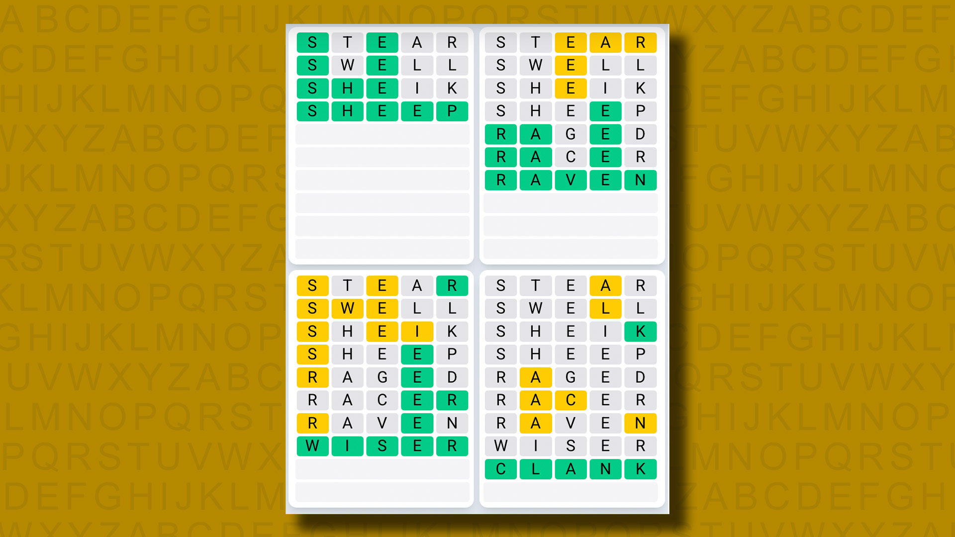 Quordle Daily Sequence answers for game 1186 on a yellow background