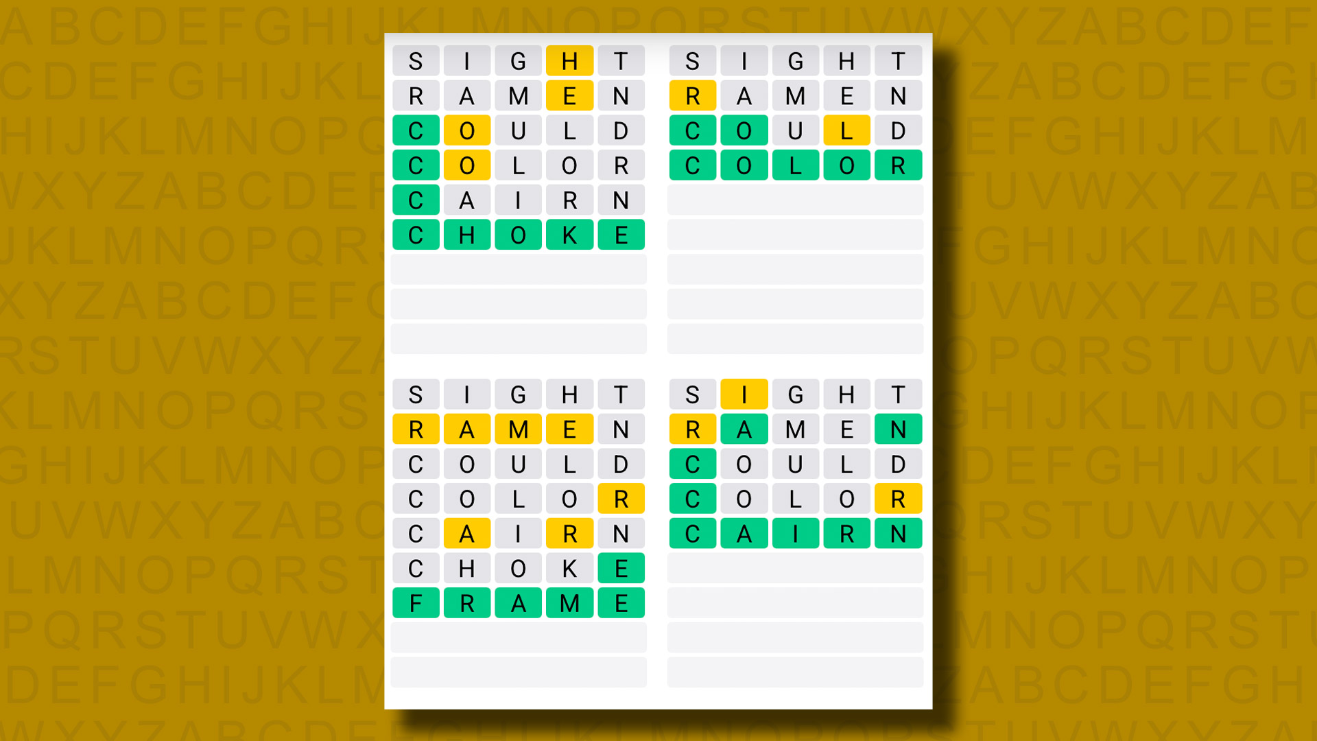 Quordle answers for game 1186 on a yellow background