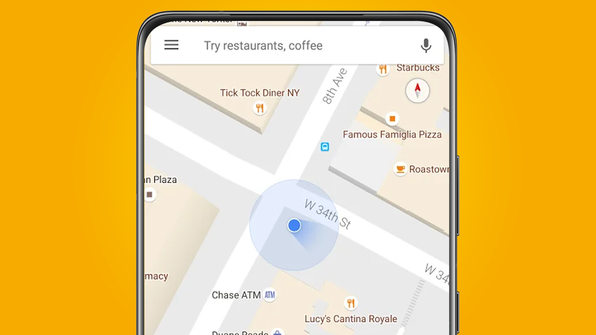 A phone on an orange background showing Google Maps