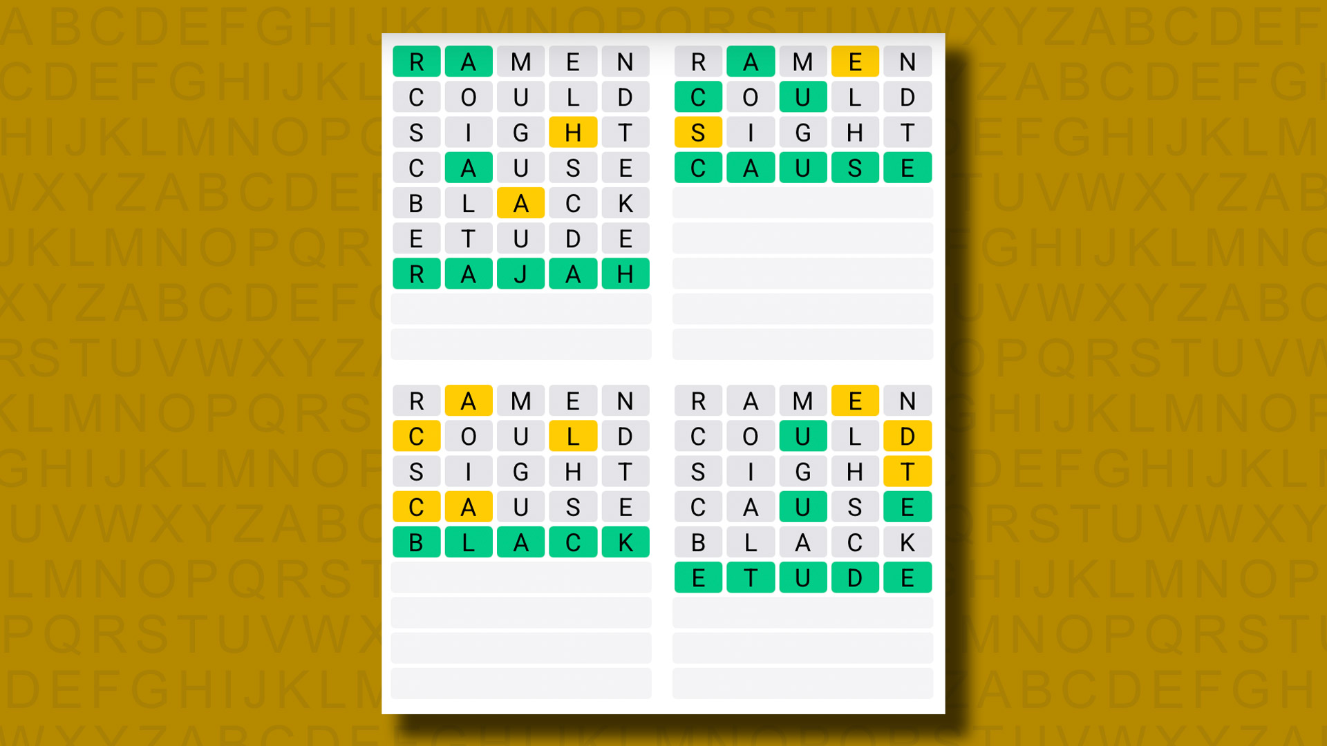 Quordle answers for game 1222 on a yellow background