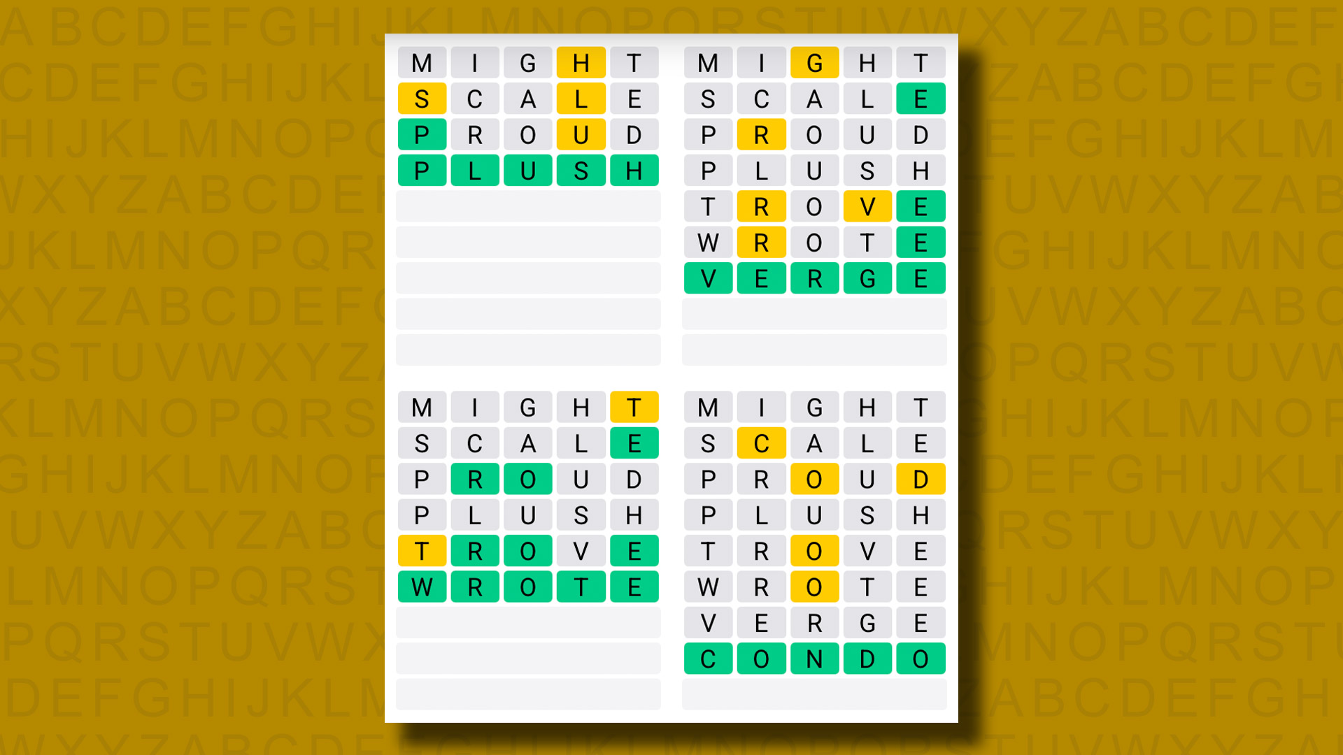 Quordle answers for game 1195 on a yellow background