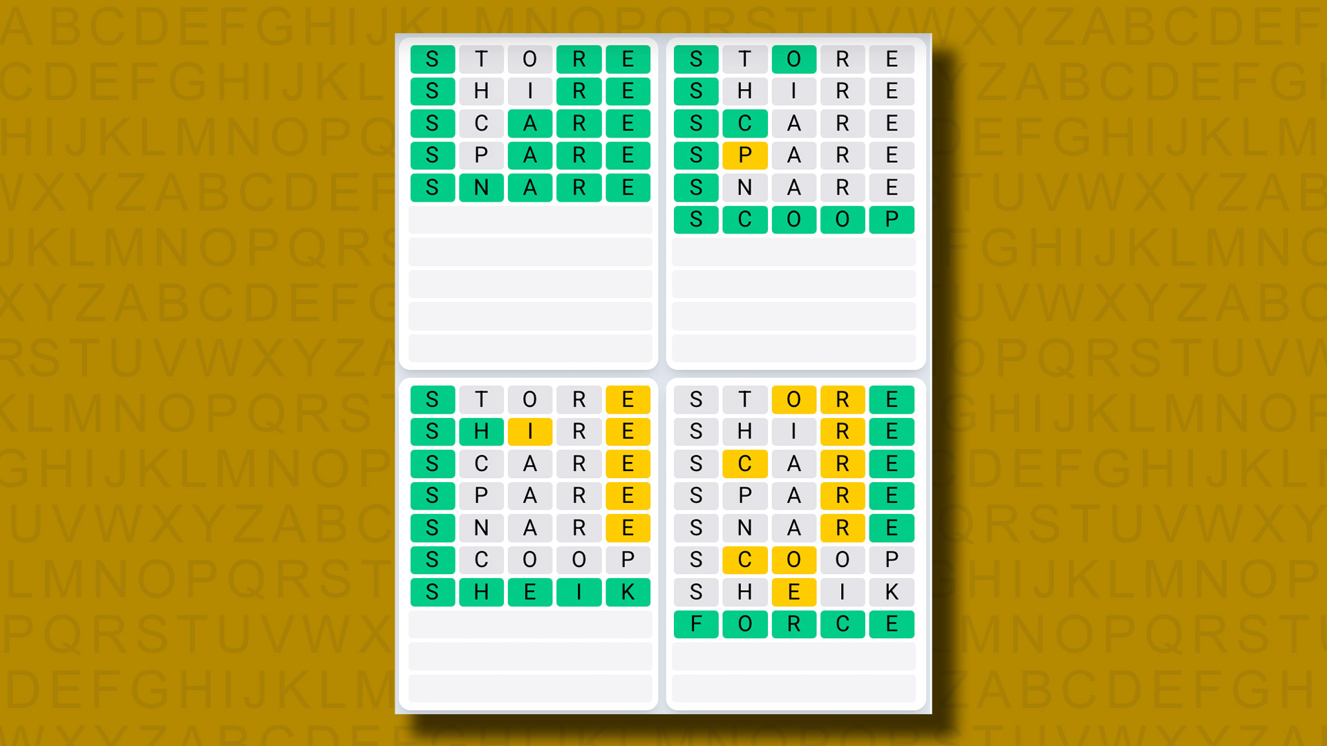 Quordle Daily Sequence answers for game 1223 on a yellow background