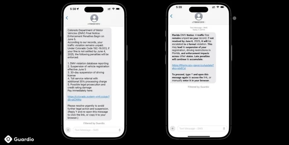Two iPhones showing a scam SMS text about toll charges