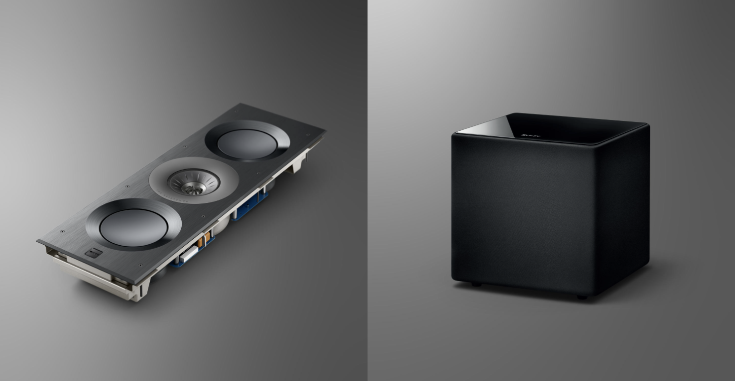 KEF speaker and sub components on a gray background