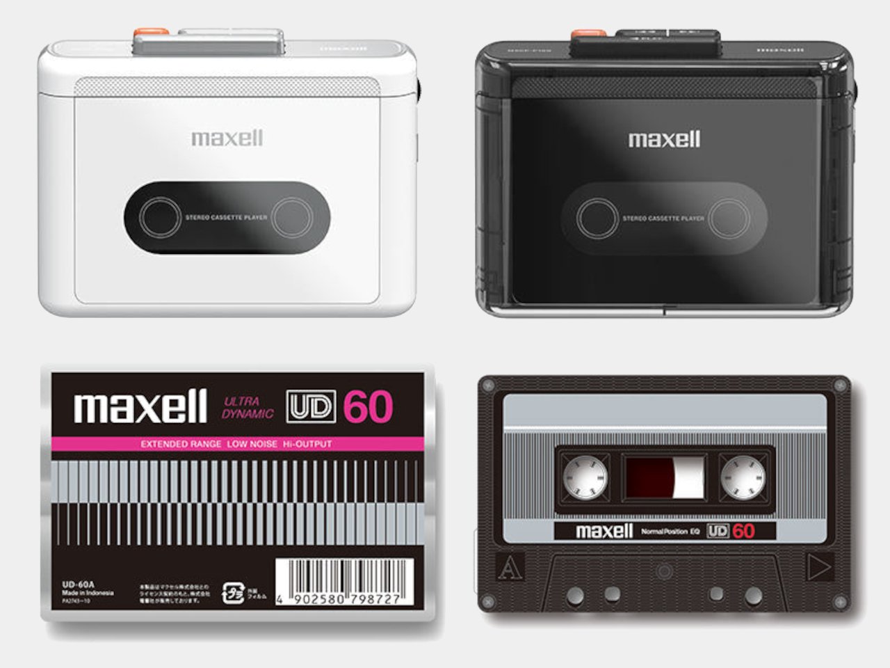 Maxell MXCP-P100 in white and black, alongside a Maxell 60 minute cassette and box