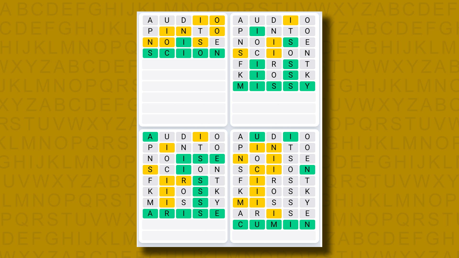 Quordle Daily Sequence answers for game 1229 on a yellow background