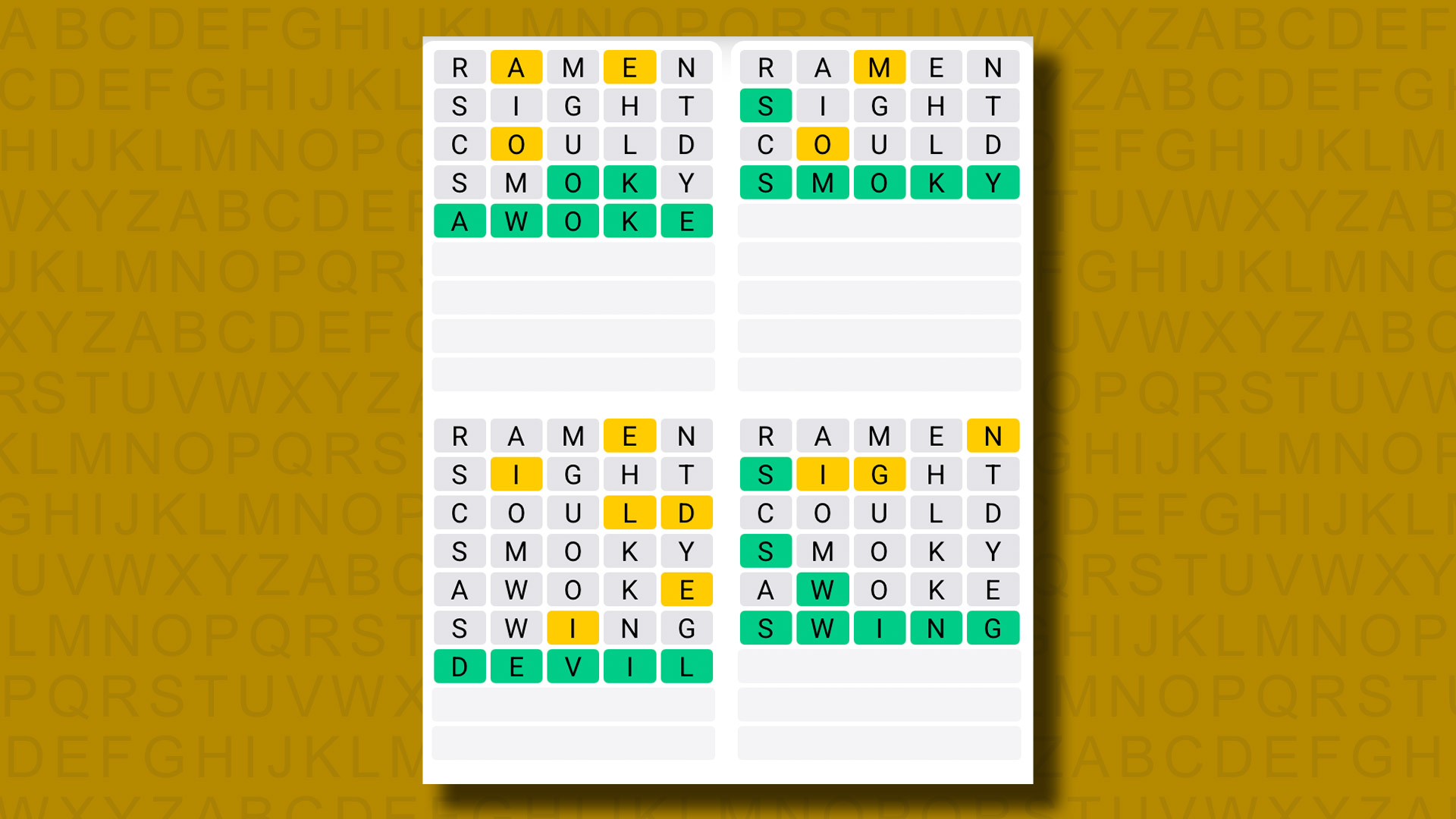 Quordle answers for game 1251 on a yellow background