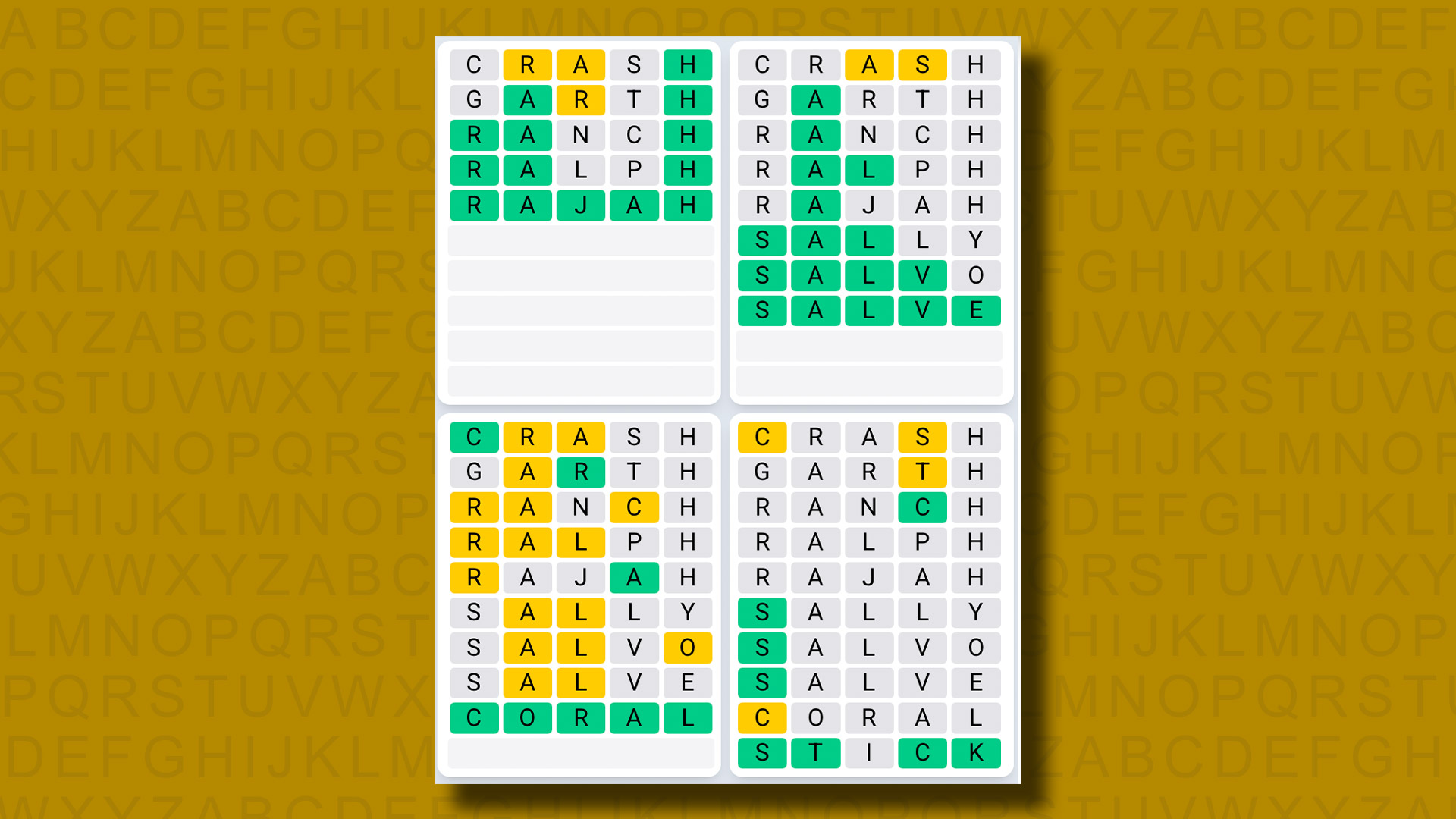 Quordle Daily Sequence answers for game 1230 on a yellow background