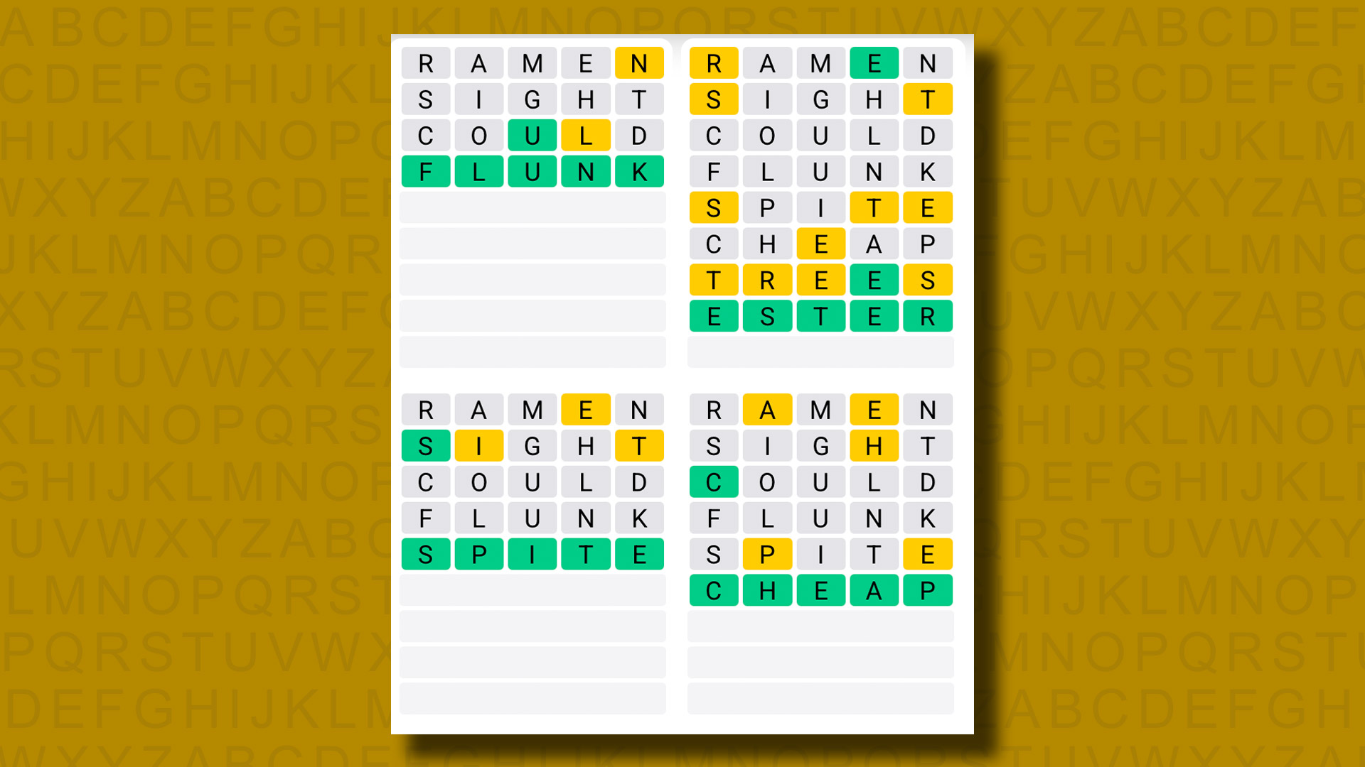 Quordle answers for game 1230 on a yellow background