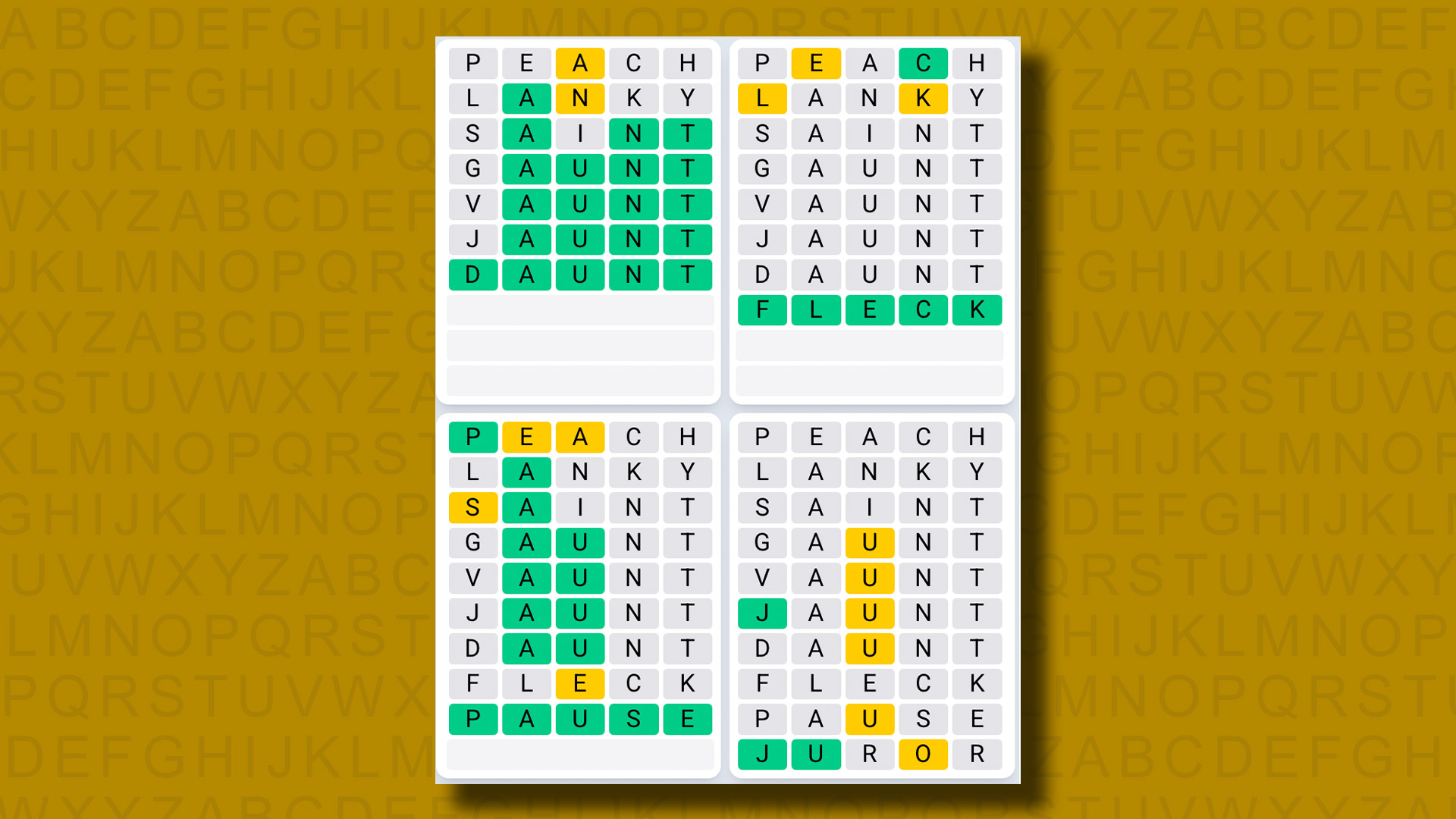Quordle Daily Sequence answers for game 1249 on a yellow background