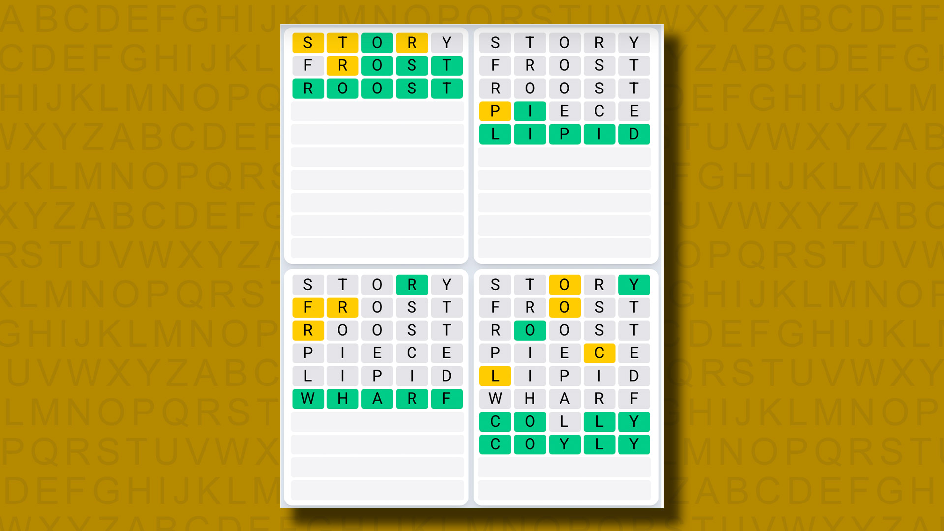 Quordle Daily Sequence answers for game 1228 on a yellow background