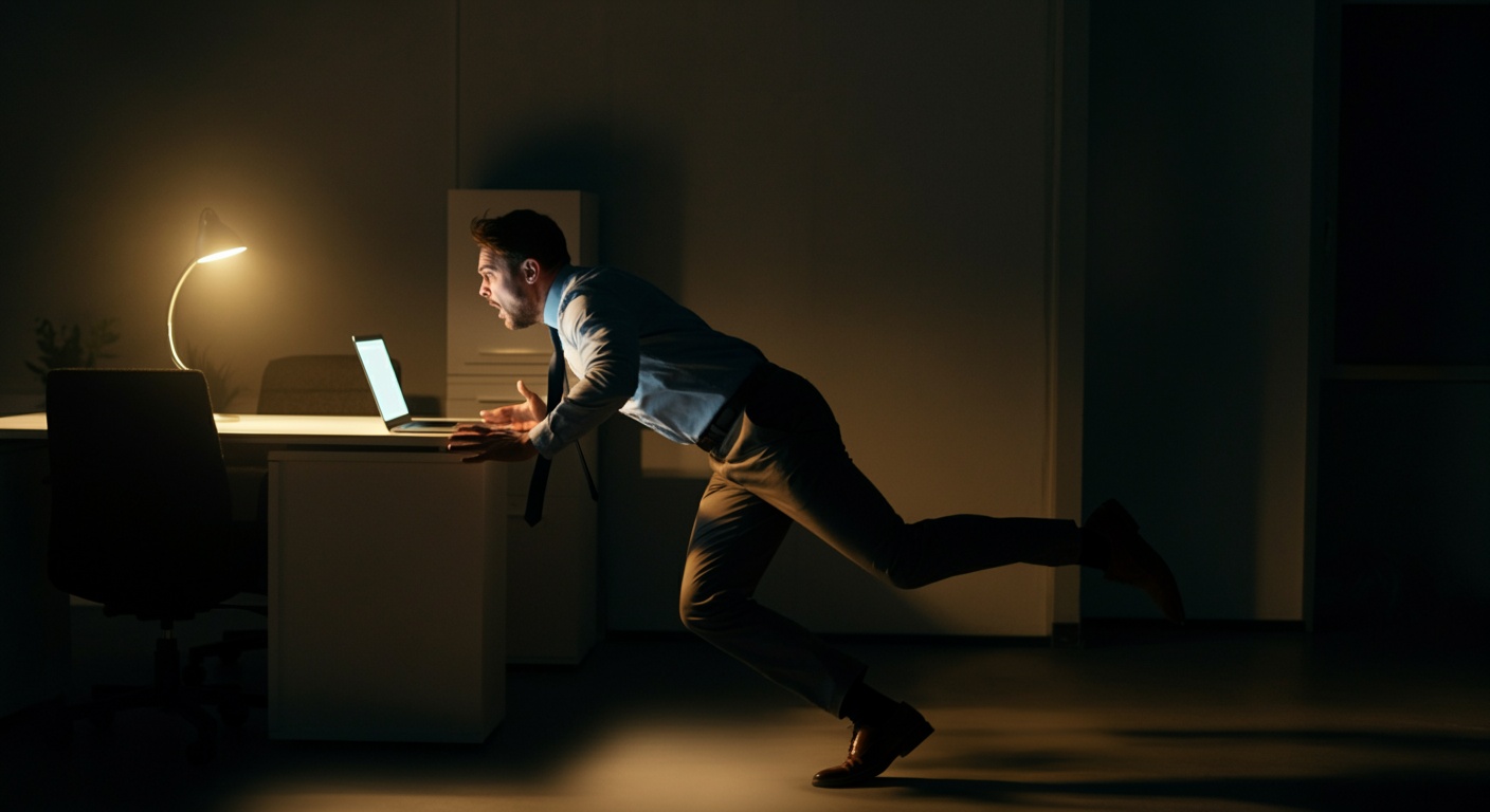 Person in office is running back to laptop looking alarmed