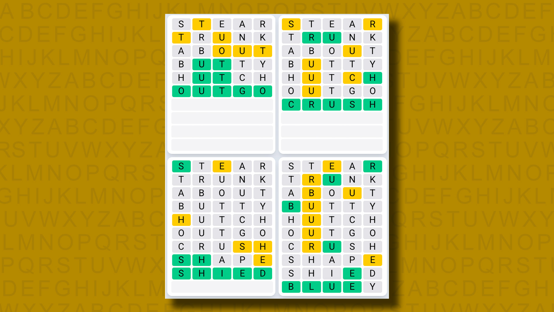 Quordle Daily Sequence answers for game 1258 on a yellow background