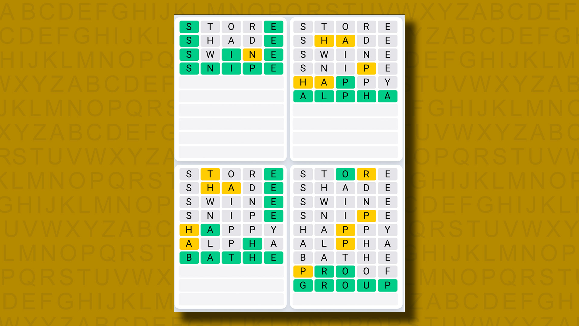 Quordle Daily Sequence answers for game 1263 on a yellow background