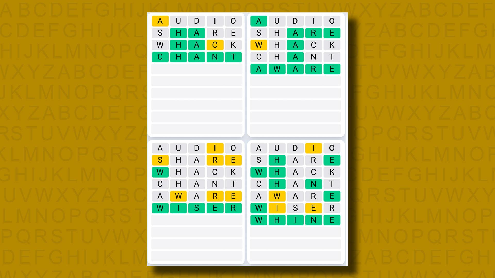 Quordle Daily Sequence answers for game 1284 on a yellow background