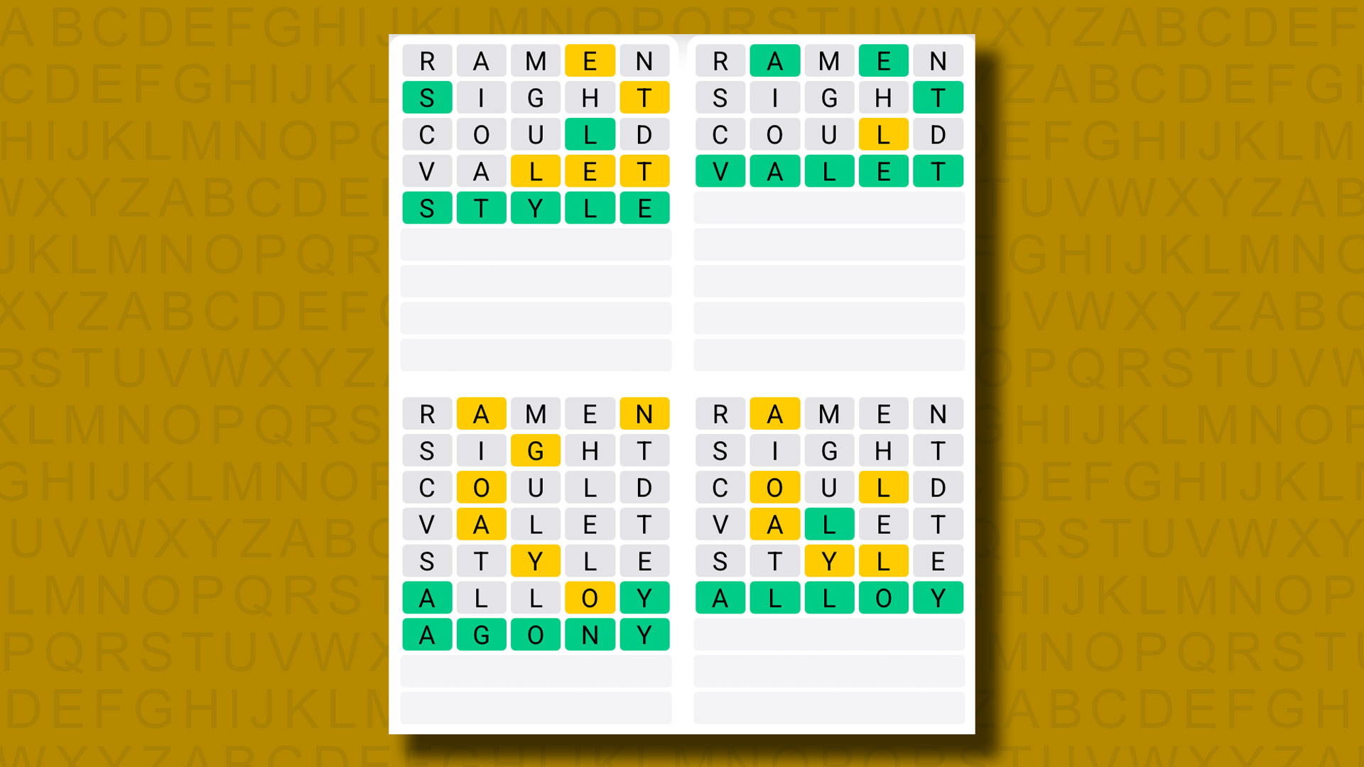 Quordle answers for game 1284 on a yellow background