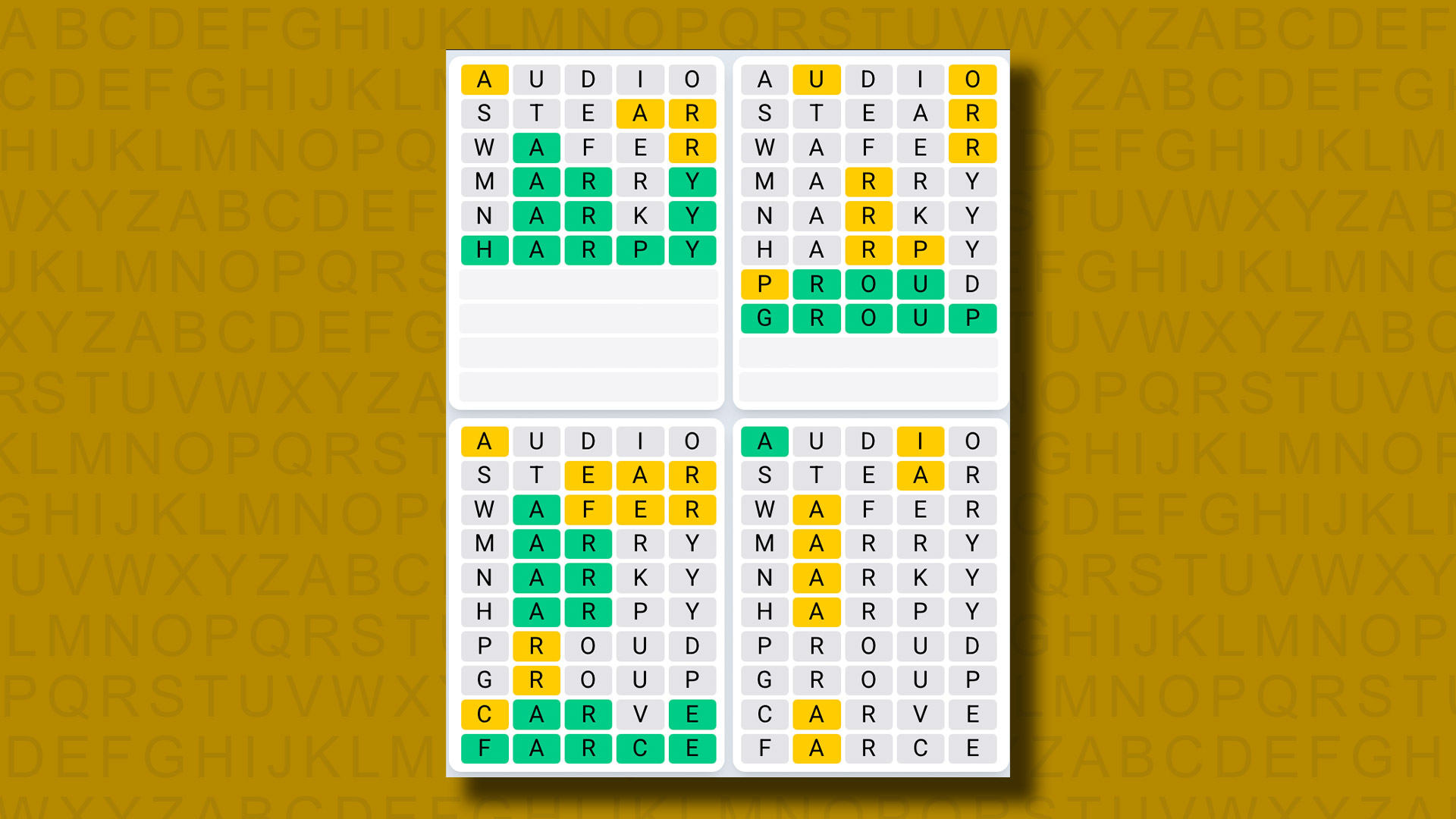 Quordle Daily Sequence answers for game 1276 on a yellow background