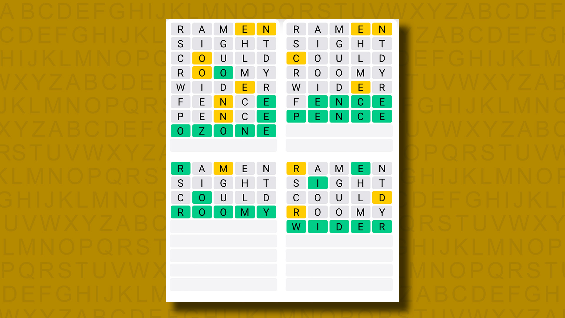 Quordle answers for game 1276 on a yellow background