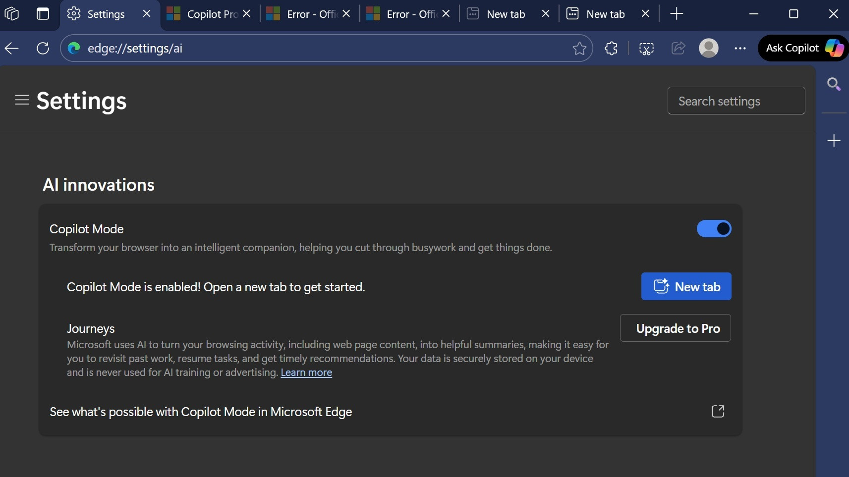 Microsoft Edge Journeys Option in Settings menu