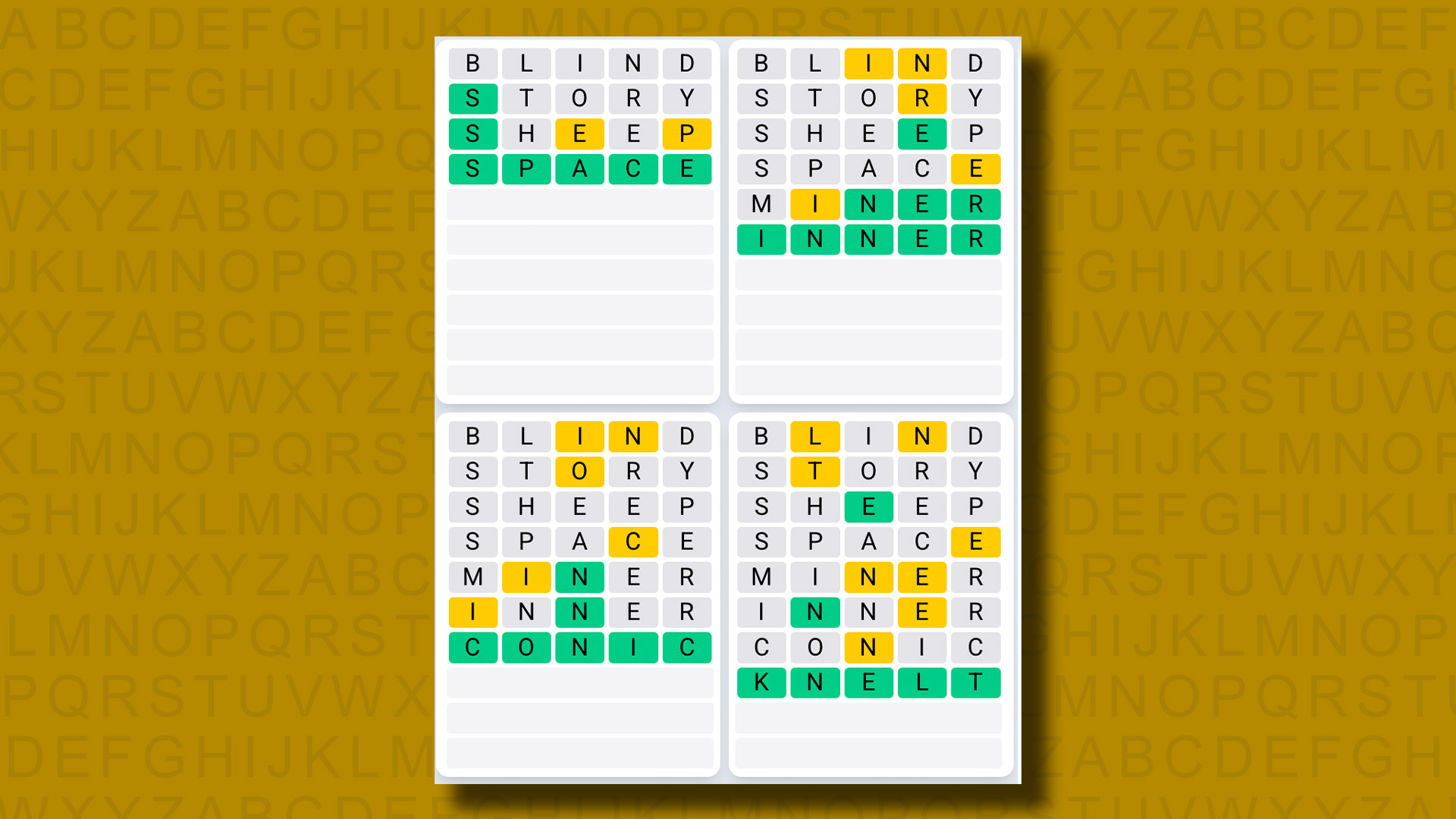 Quordle Daily Sequence answers for game 1293 on a yellow background