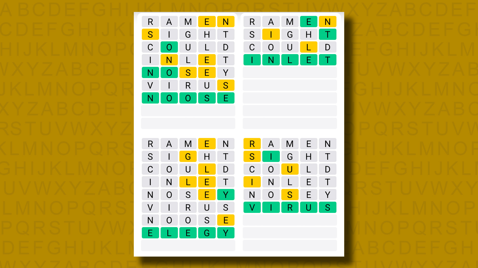 Quordle answers for game 1293 on a yellow background