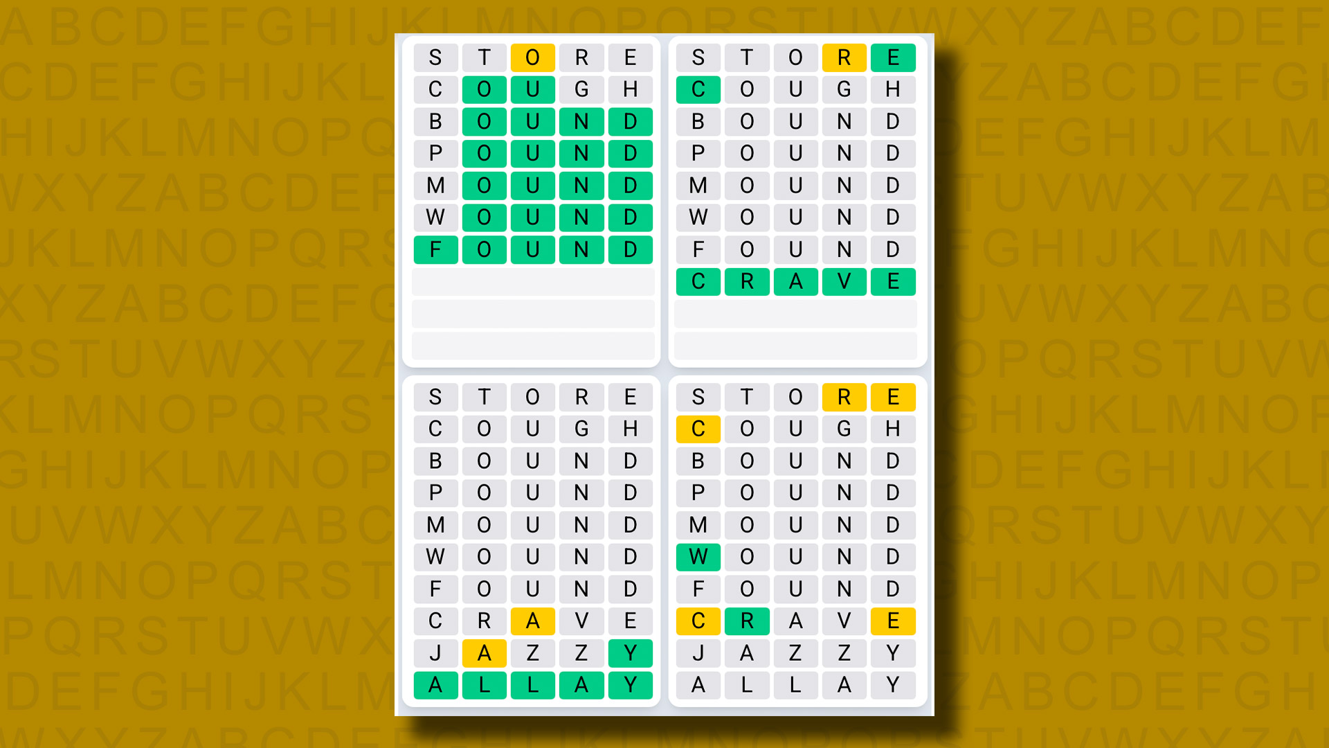Quordle Daily Sequence answers for game 1305 on a yellow background