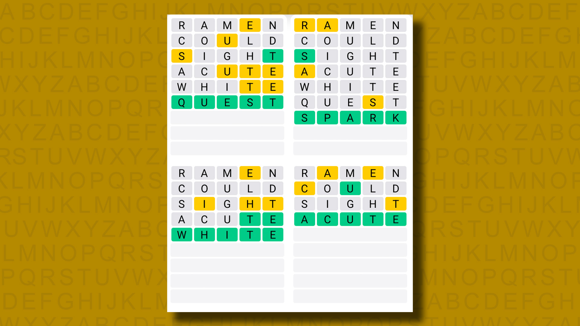 Quordle answers for game 1305 on a yellow background