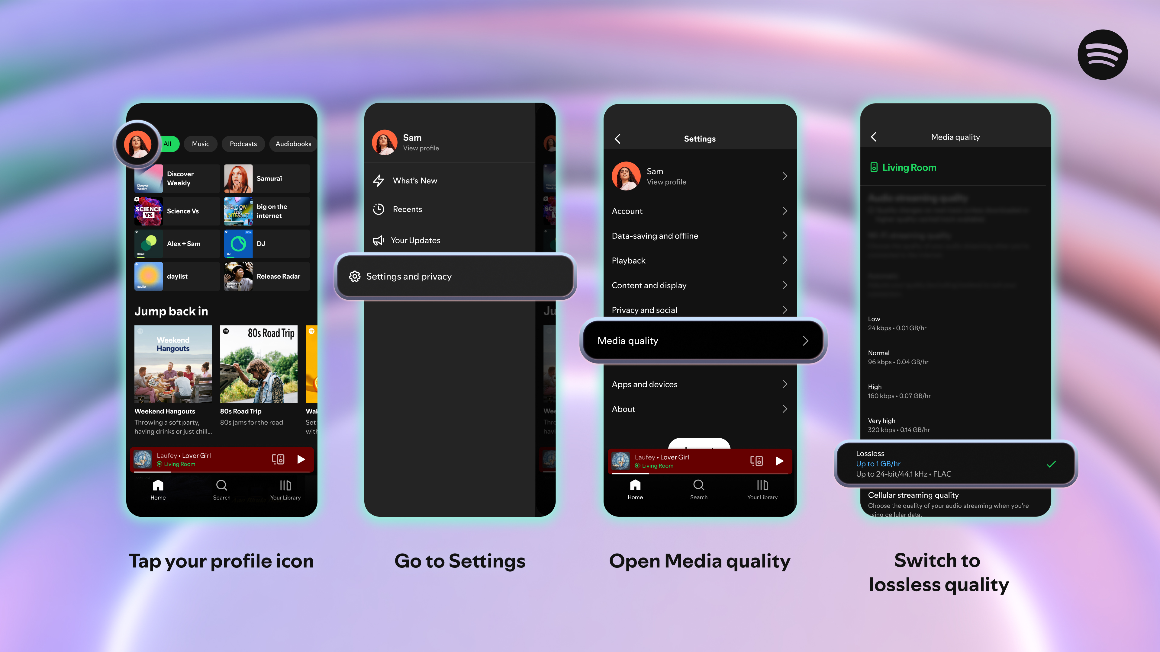 A step-by-step instruction of how to enable Lossless audio in the Spotify app