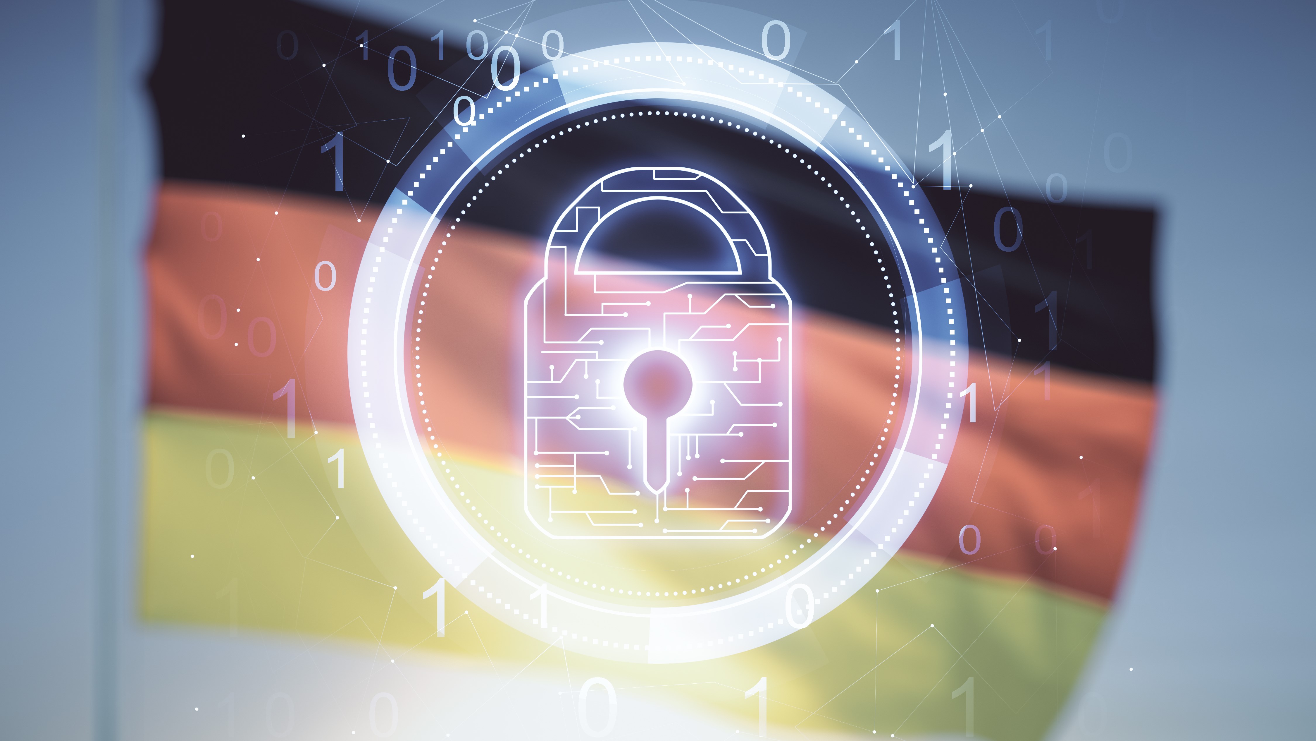 Double exposure of virtual creative lock hologram with chip on German flag and blue sky background. Information security concept