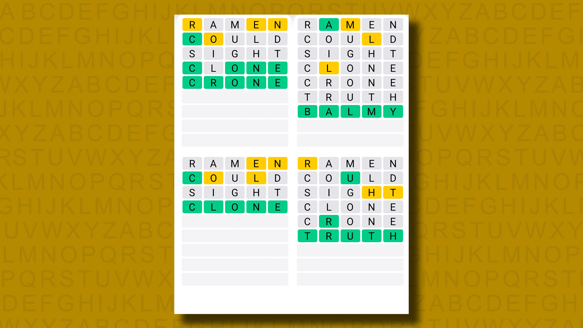 Quordle answers for game 1320 on a yellow background