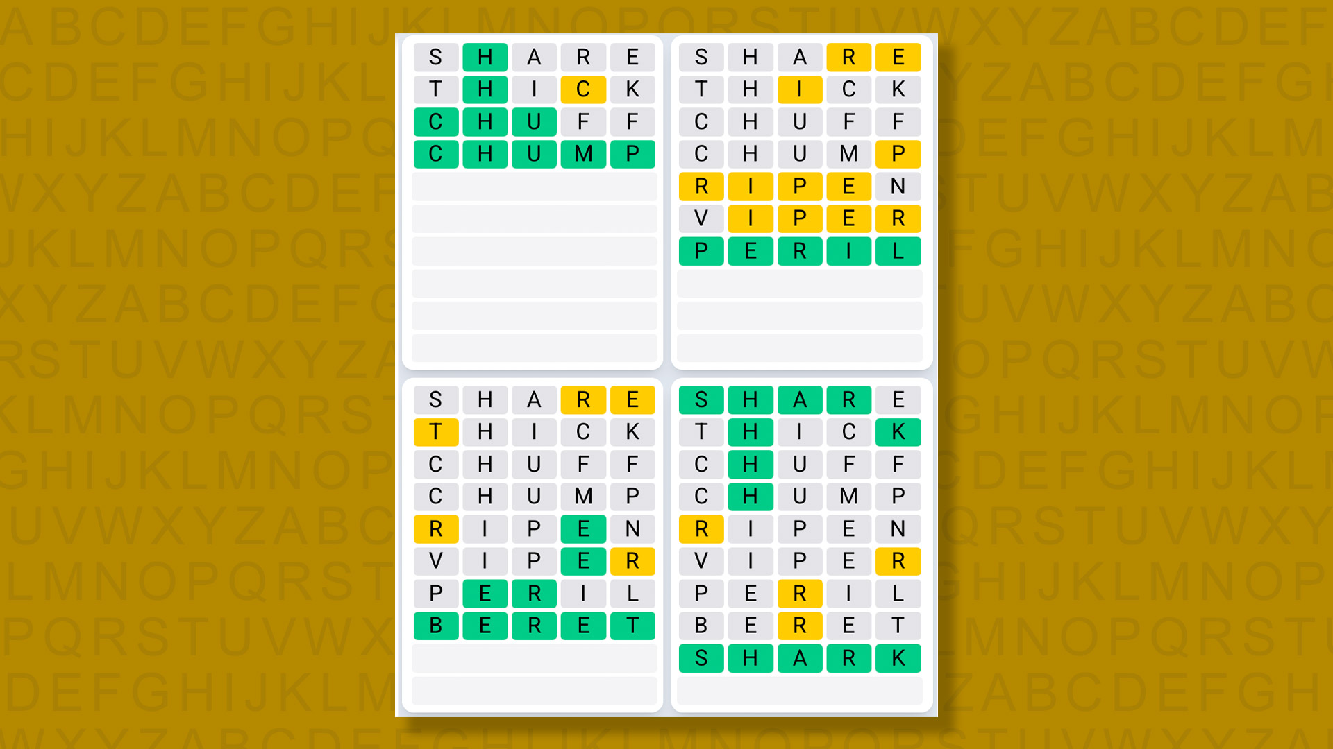 Quordle Daily Sequence answers for game 1344 on a yellow background