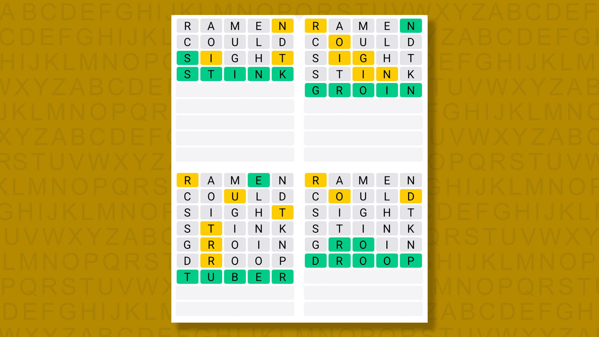 Quordle answers for game 1344 on a yellow background
