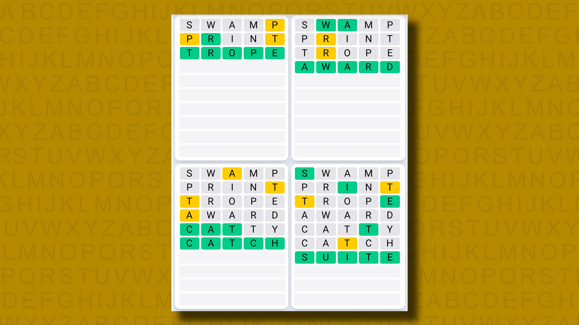 Quordle Daily Sequence answers for game 1329 on a yellow background