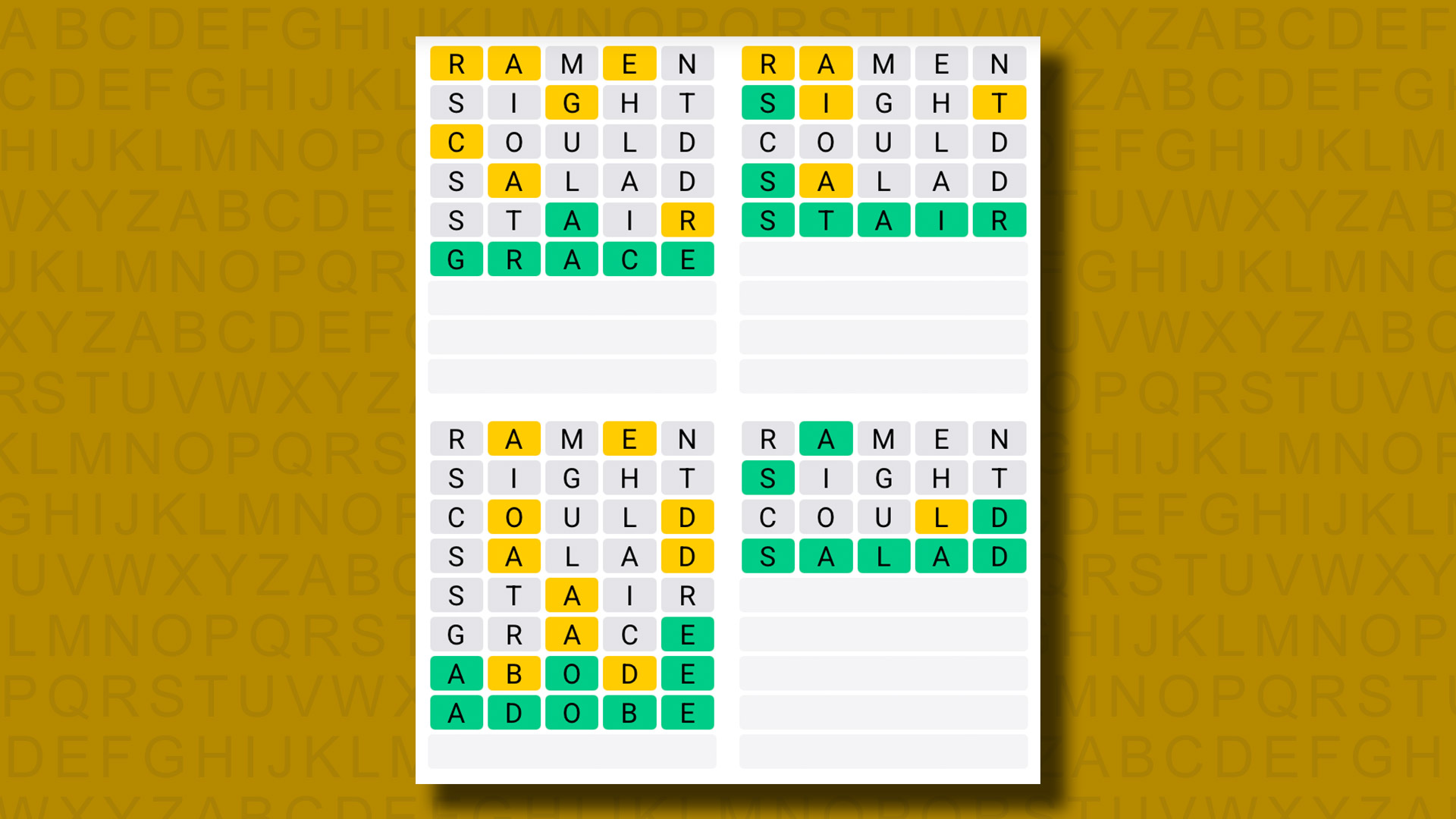Quordle answers for game 1336 on a yellow background